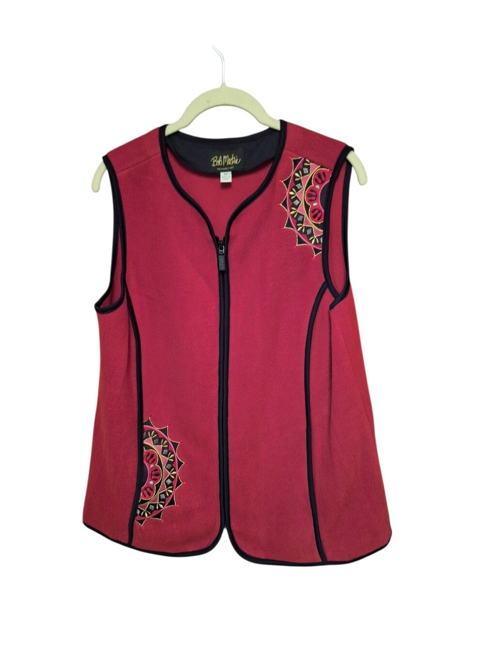 Bob Mackie Wearable Art Vest Ladies Medium  RED embroidered Fleece ARTSY TEACHER